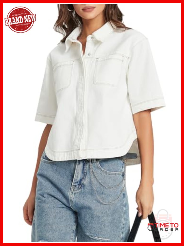 Women Short Sleeve Denim Button Down Jean Shirt Jacket Shacket
